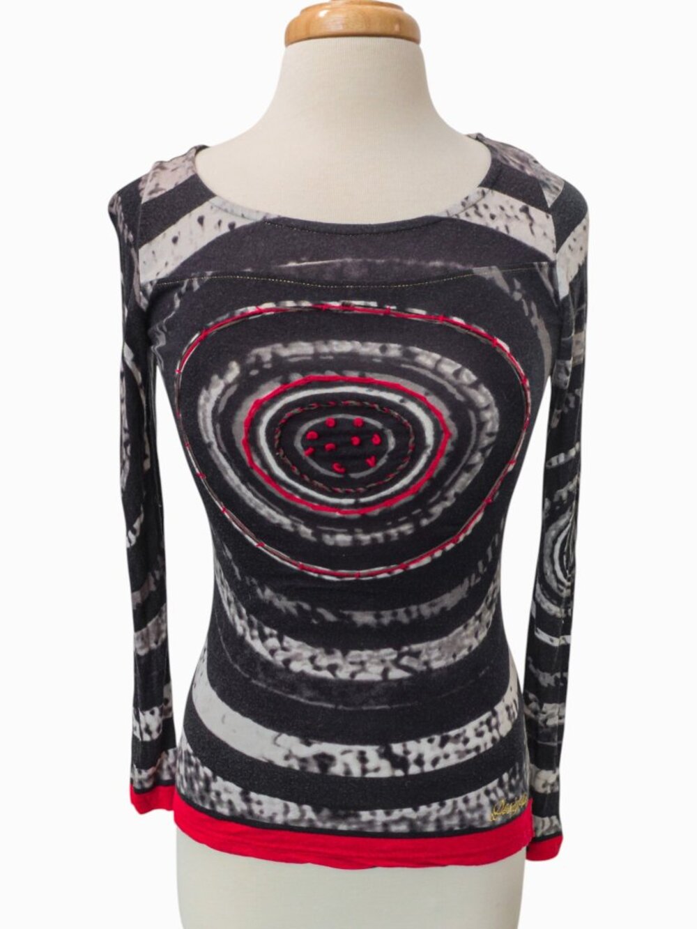 Desigual Concentric Circle Print Long-Sleeve Top Sz S Black Red Gray